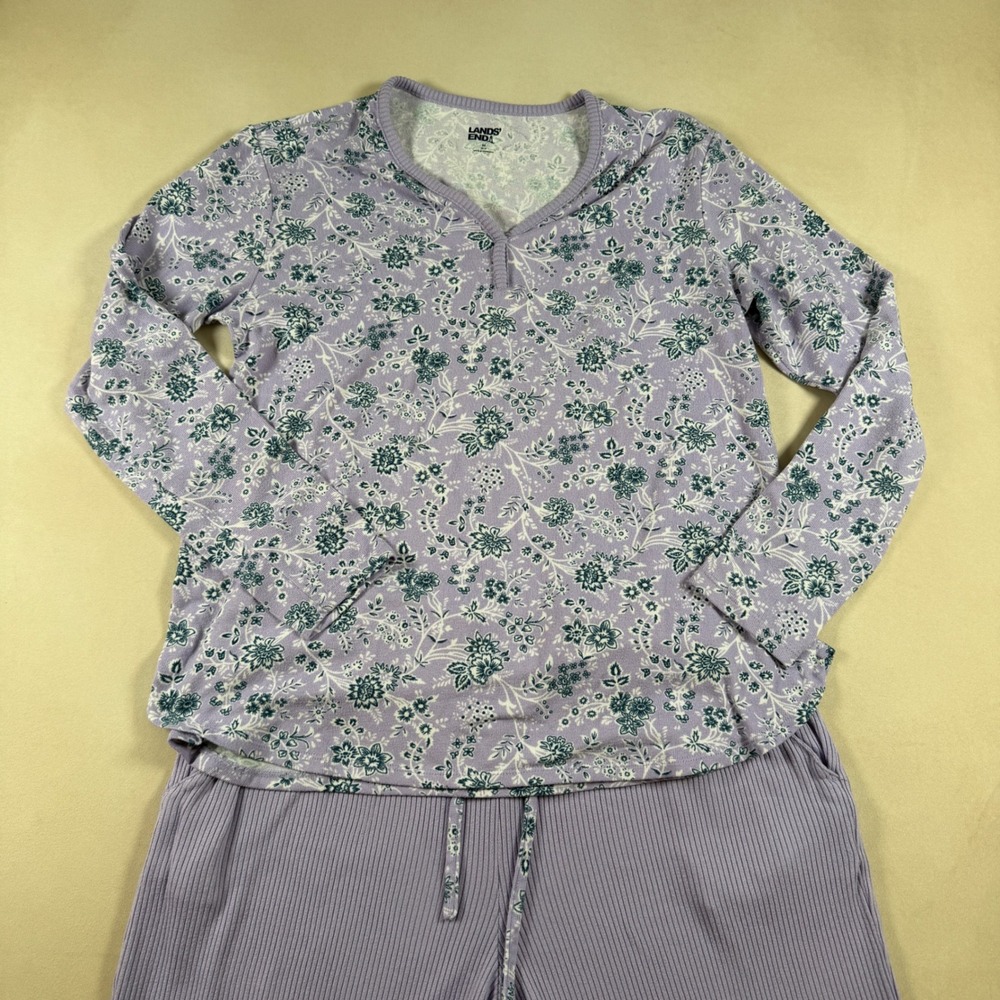 Lands' End Pajama Set Women M 10-12 Floral Top Ribbed Pants Purple Long Sleeve